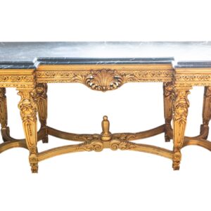 Consola de madera tallada y dorada con mármol negro